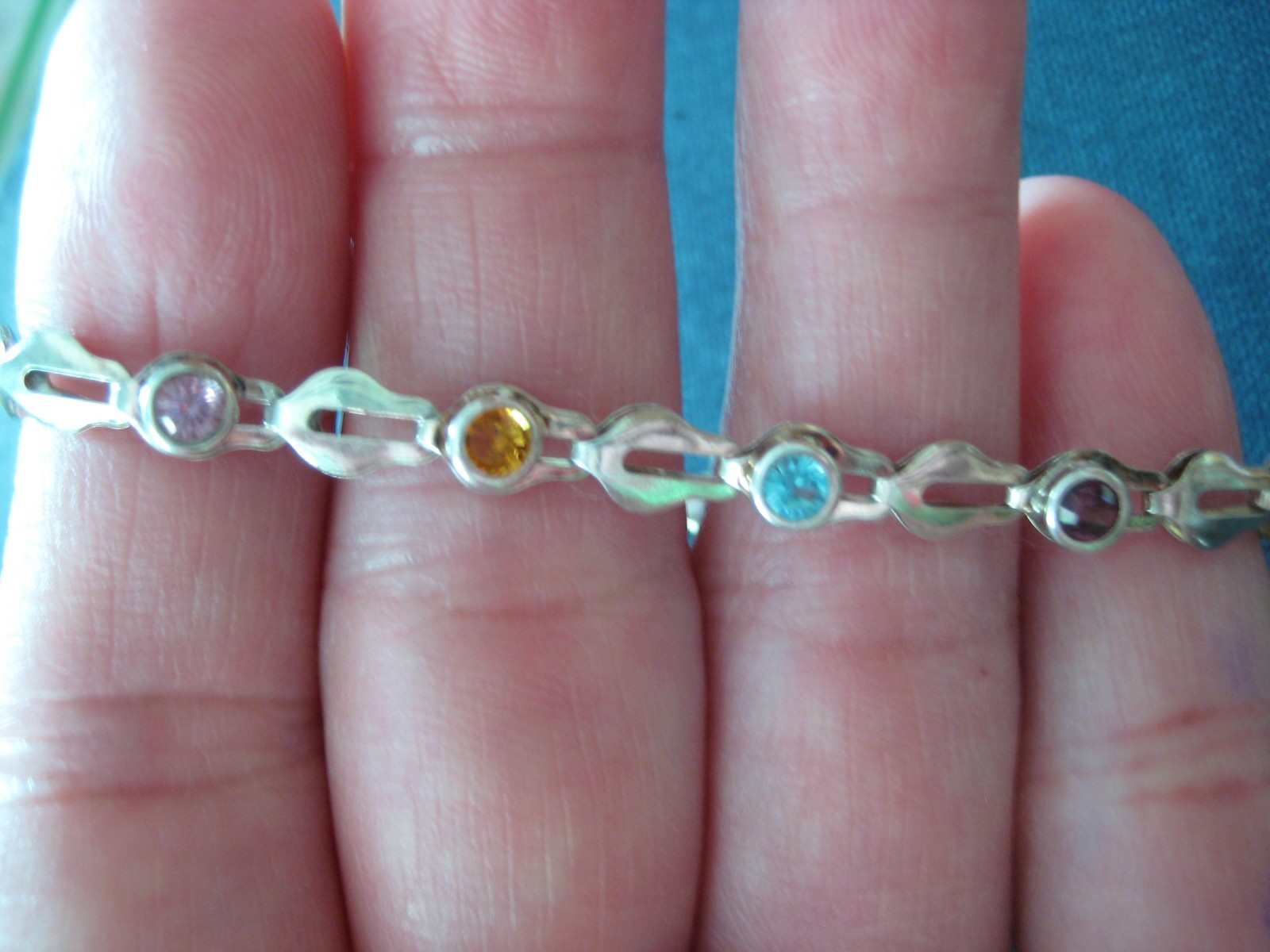 Sterling Silver 925 Italy Open Link Multi Gemstone Bracelet 7.5″ (C9)