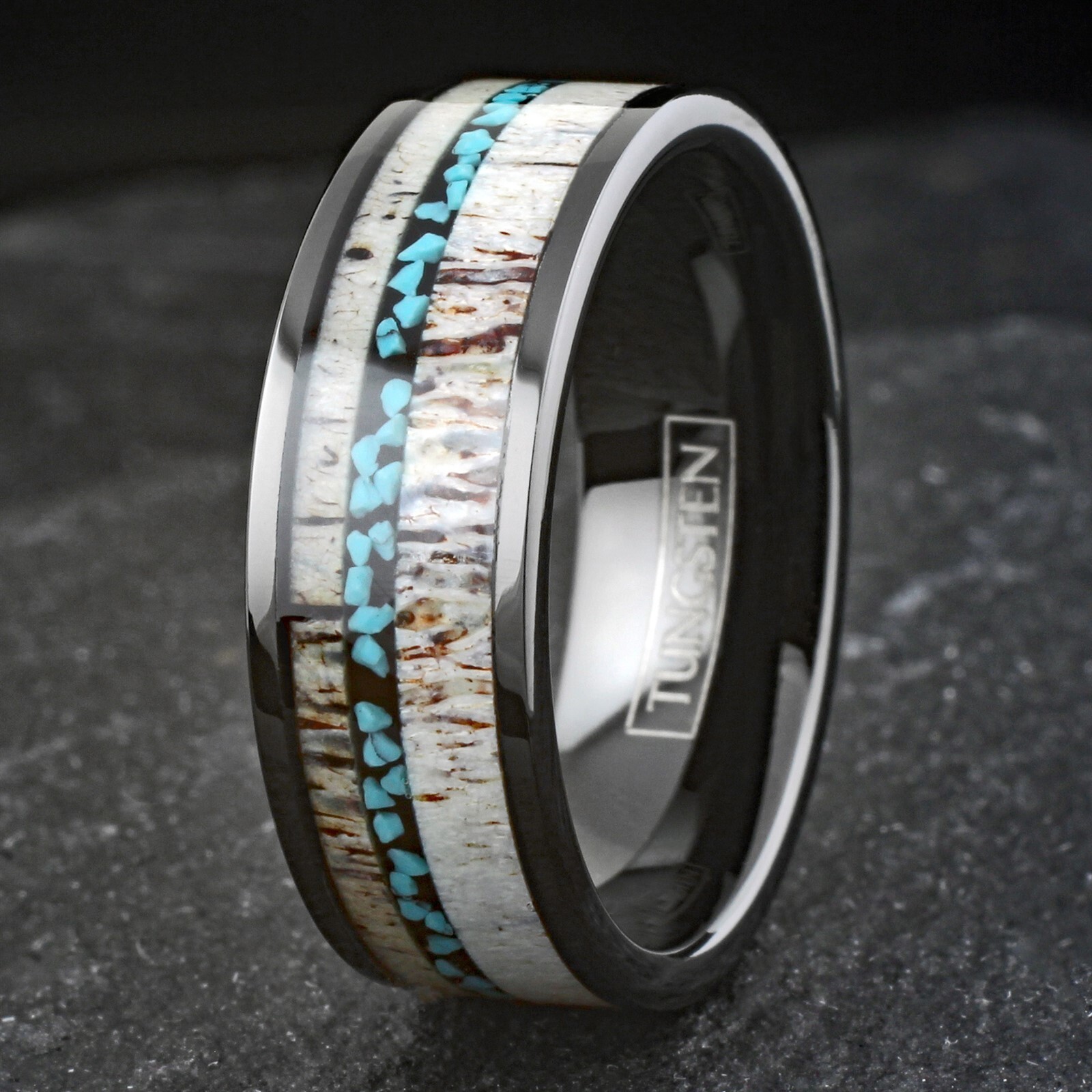Black Tungsten Carbide Men’s Ring Deer Antler & Turquoise Wedding Band