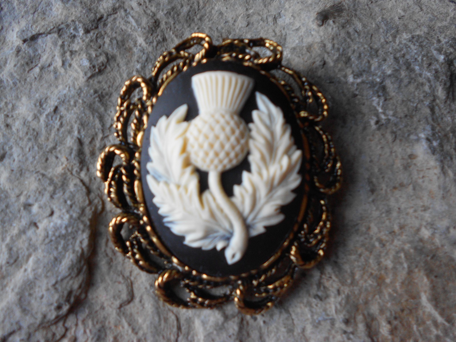 2 IN 1 SCOTTISH THISTLE CAMEO ANTIQUE GOLD BROOCH / PIN / PENDANT -CELTIC, SCOT