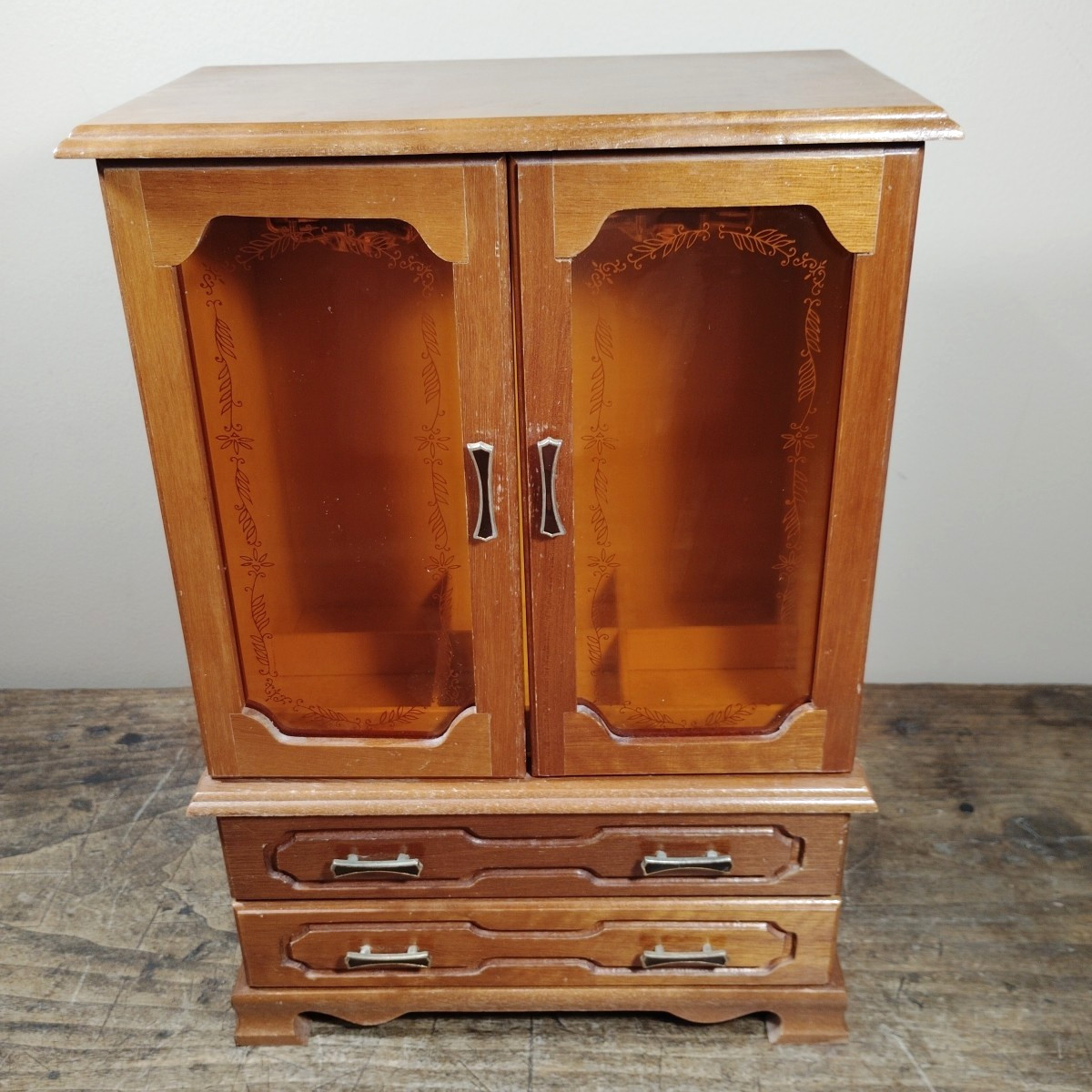 Vintage Standing Jewelry Box Necklace Holder 2 Drawers Doors Wood Brown Ring