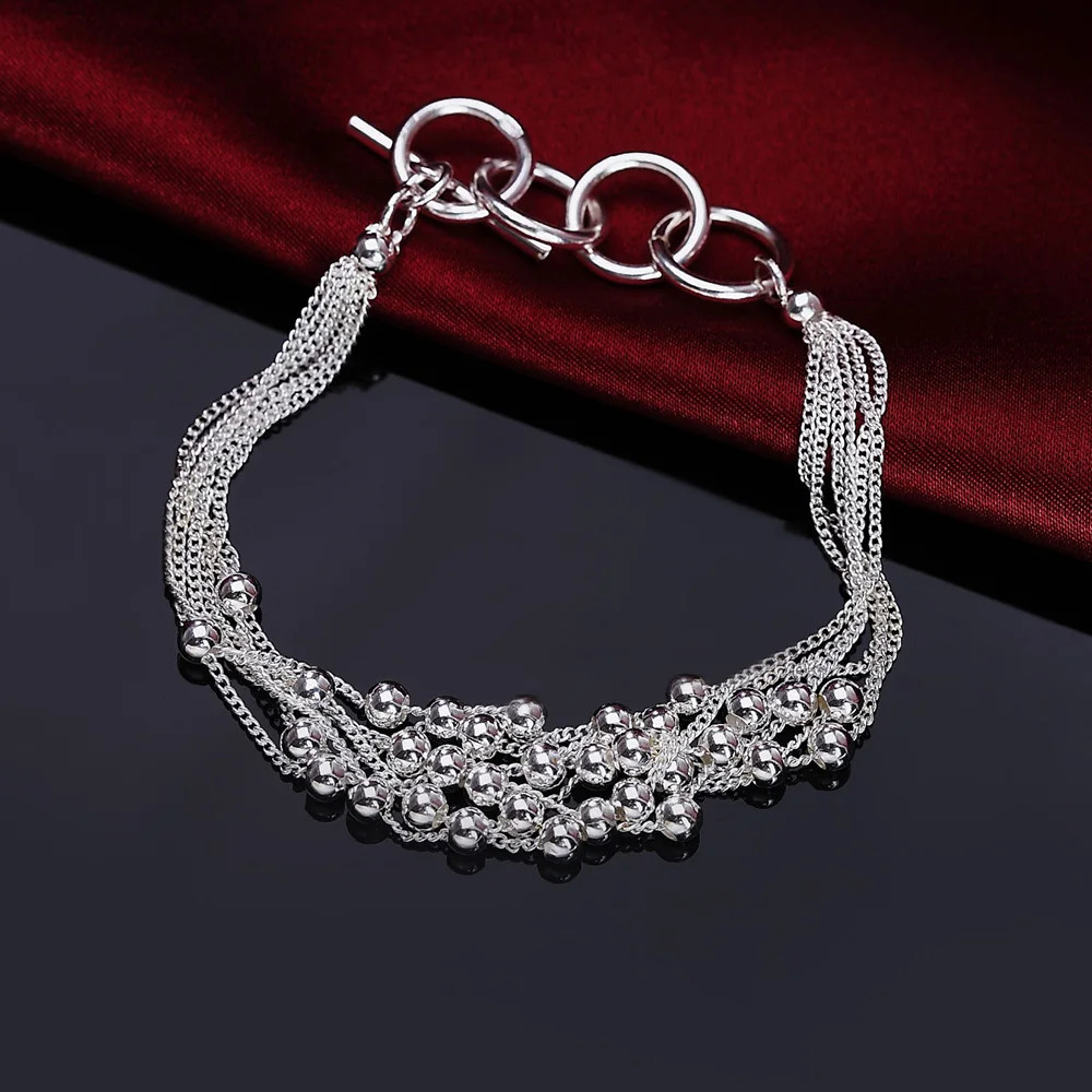 925 Sterling Silver Charm Glossy Bead Bangle Women’s Fashion Bracelet Jewelry