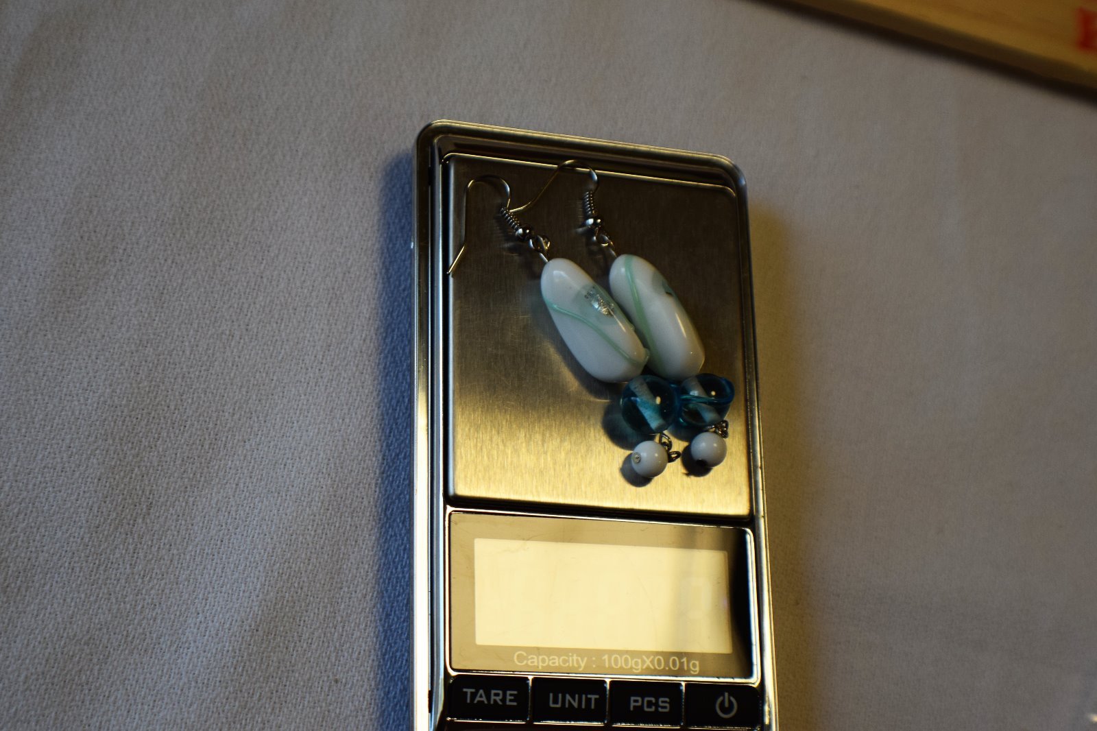 Artisan White Blue Glass Beaded Dangle Drop Earrings Silver Tone Boho Handmade