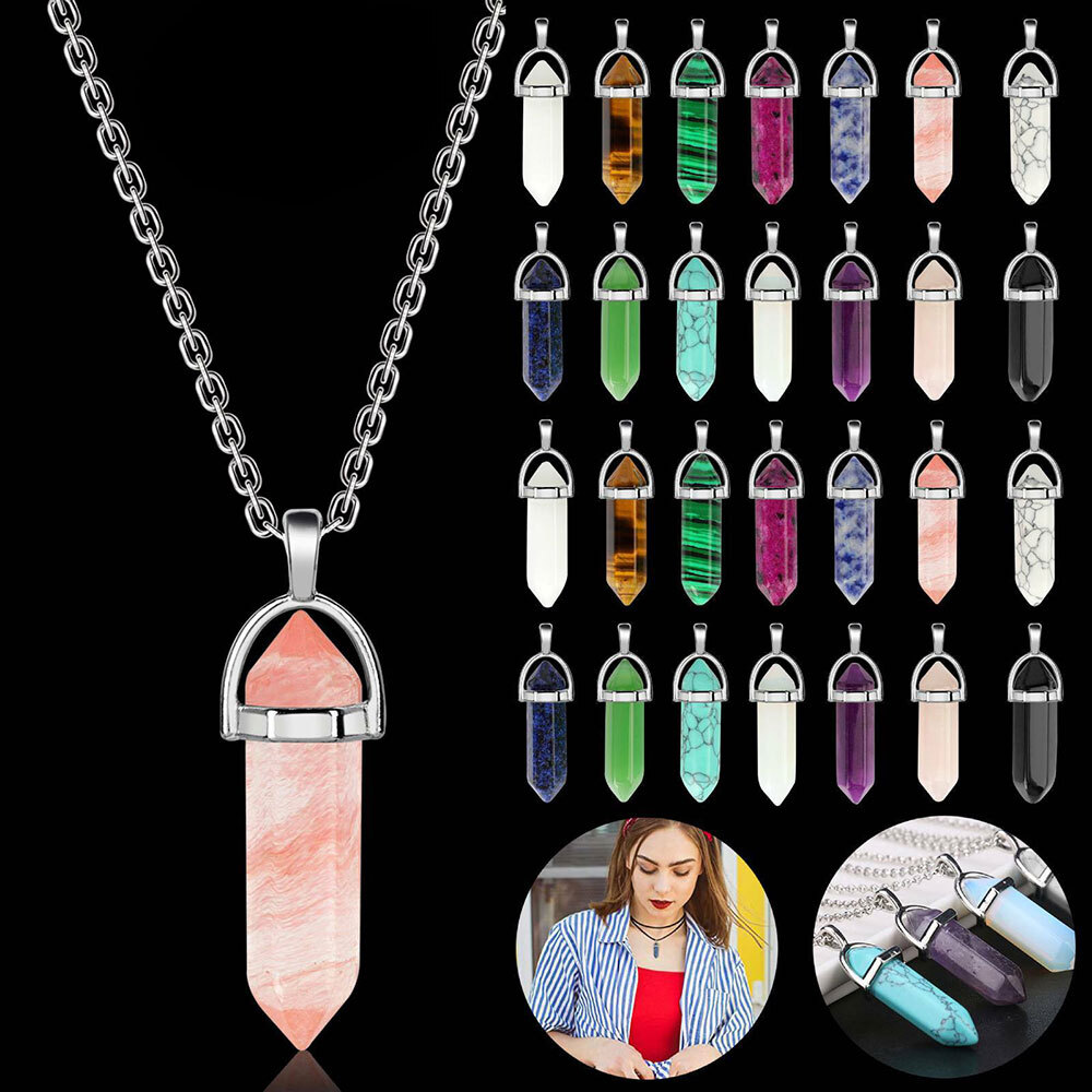 100Pcs Natural Crystal Necklace Pendant Gemstone Chakra Stone Healing Rope Chain