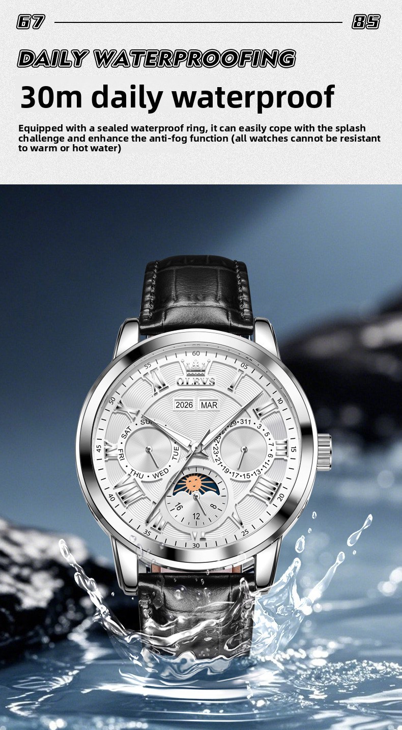 OLEVS Moon Phase Automatic Mechanical Men Watch Self-wind Skeleton Leather Band