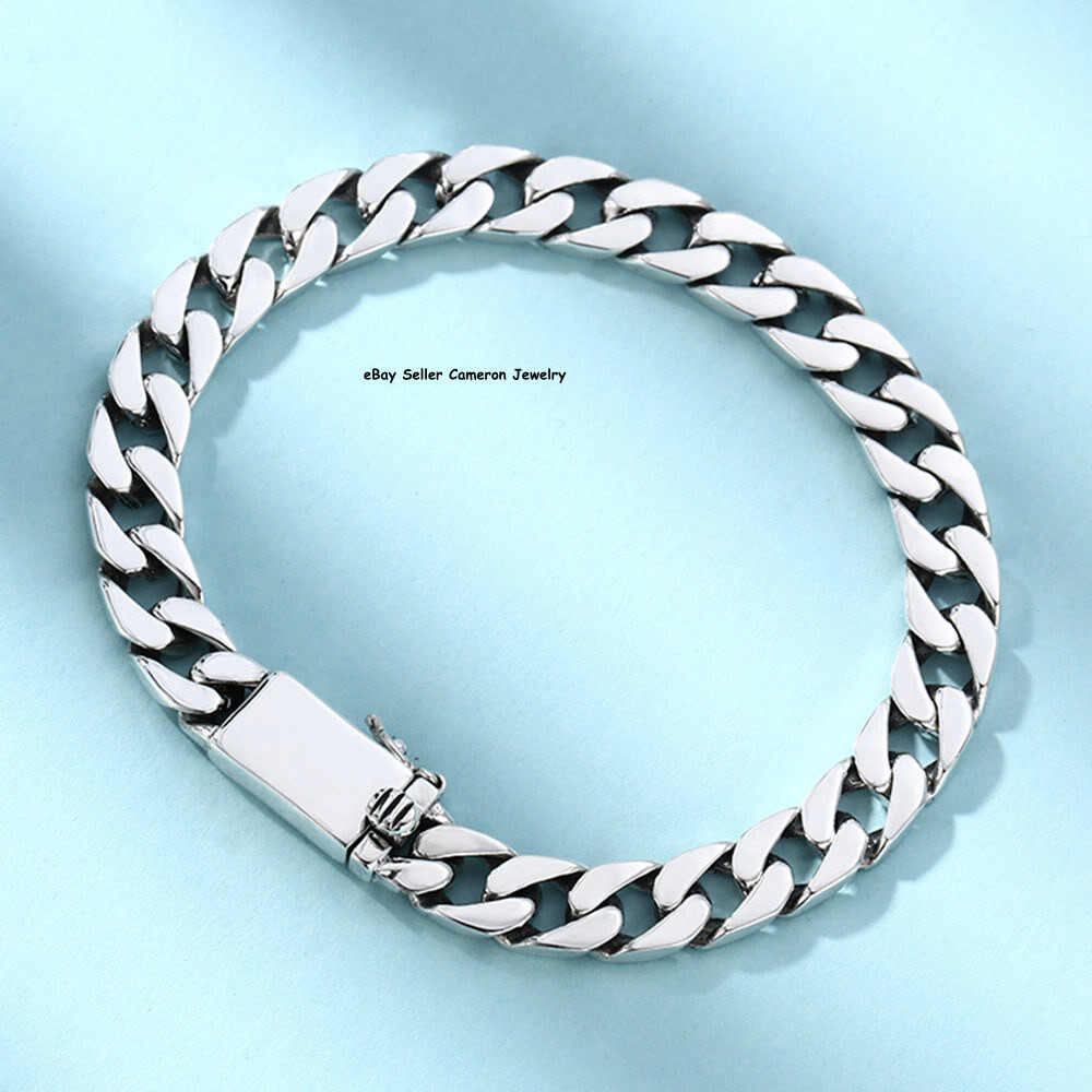 Pure S925 Sterling Silver Chain Men Women 7mm Curb Link Bracelet 7.1-7.9inch L