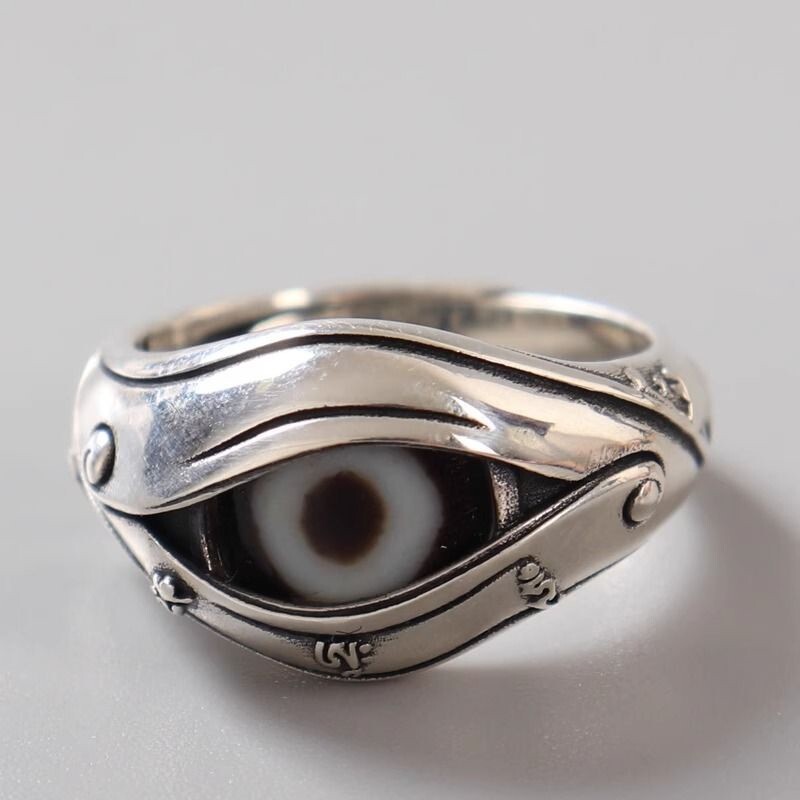 Adjust Ring 925 silver inlaid Dzi bead ring Tibetan Buddha eye Open ring