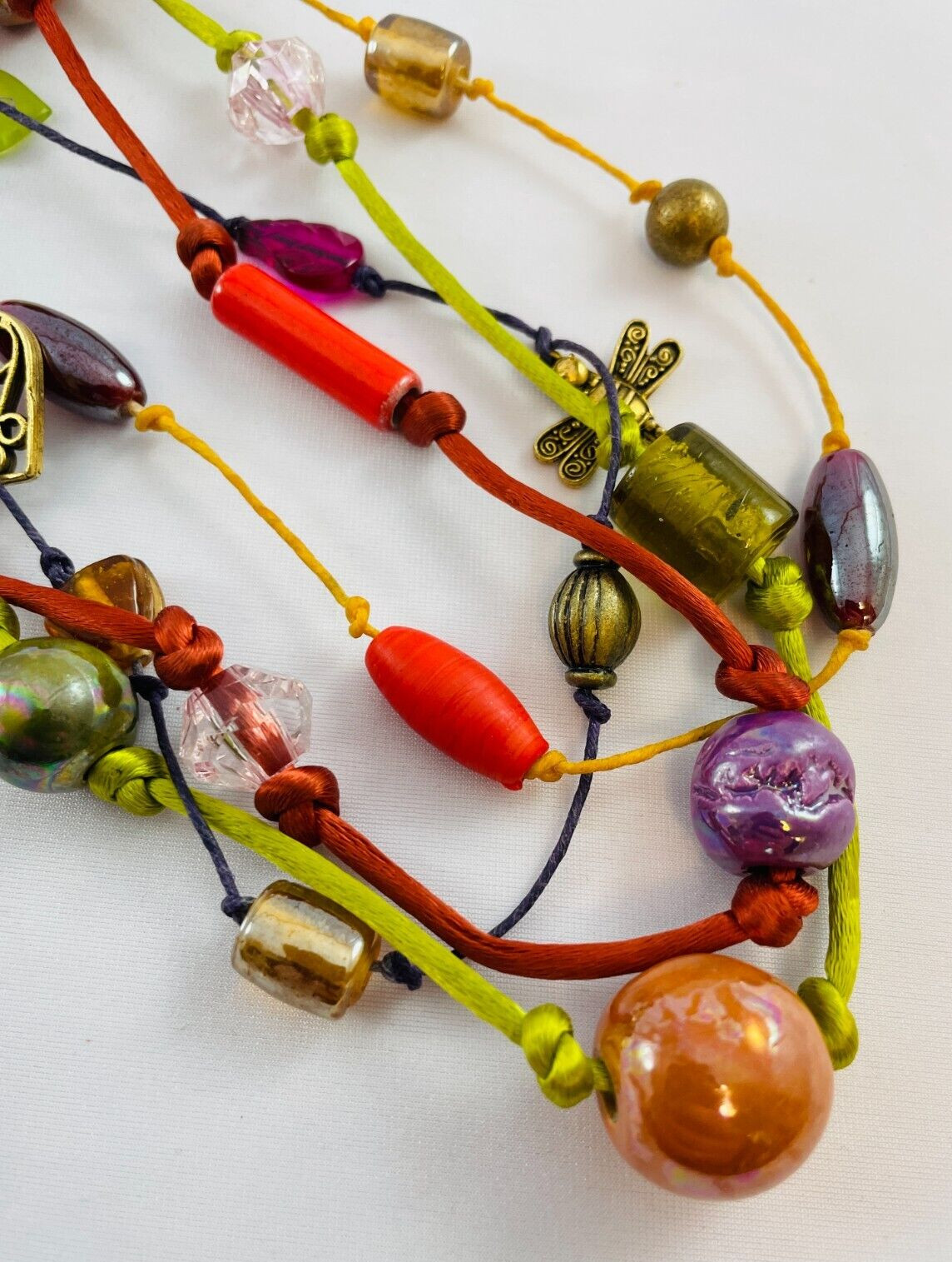 Multi Strand Beaded Charm Necklace Silk Cord Hammered Gold Tone Hook Clasp