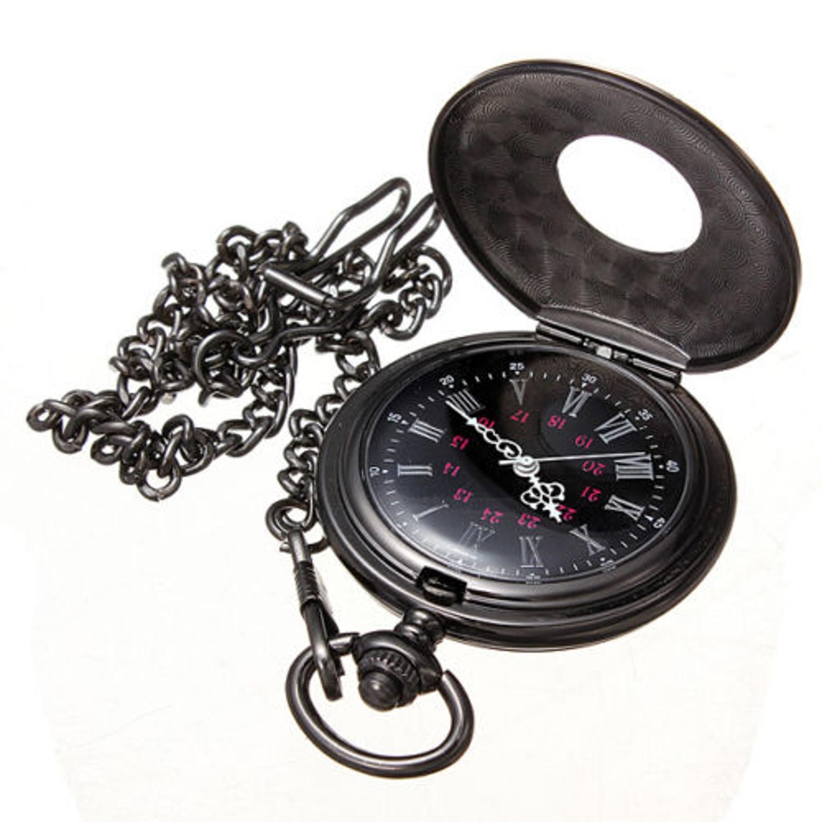Vintage Retro Steampunk Pocket Watch Black Quartz Pendant Necklace Chain Gift F