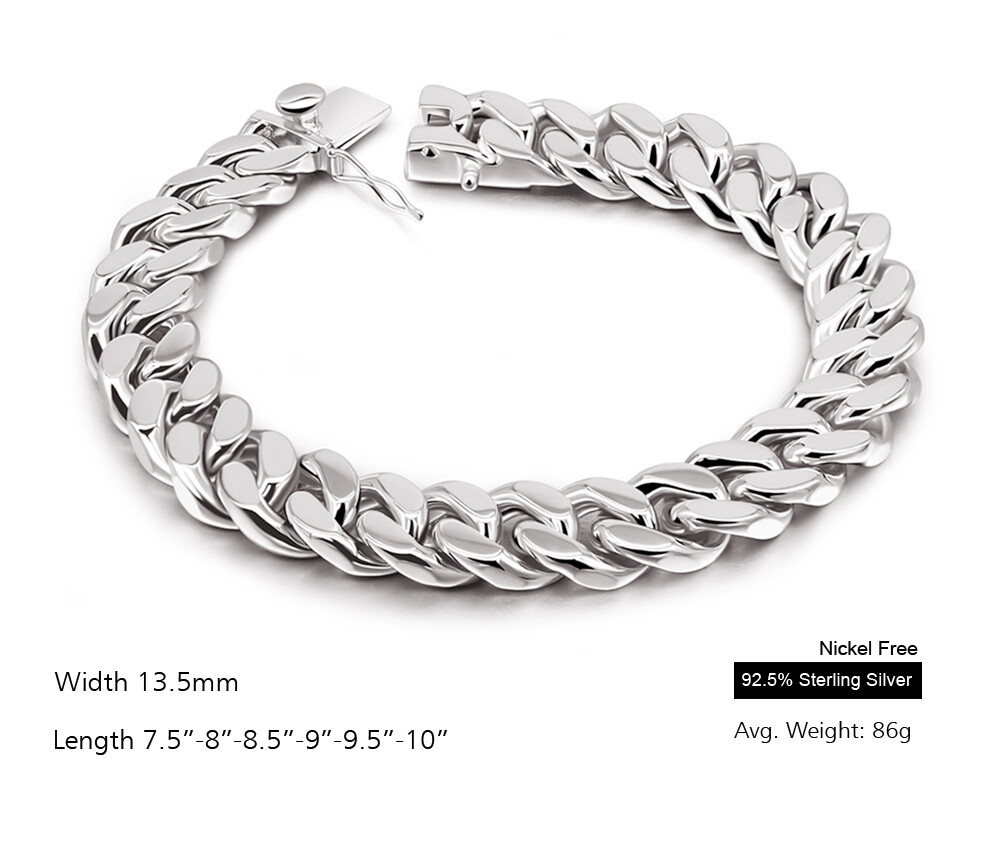 925 Sterling Silver Men’s 13.5mm Thick Big Miami Cuban Curb Chain Link Bracelet