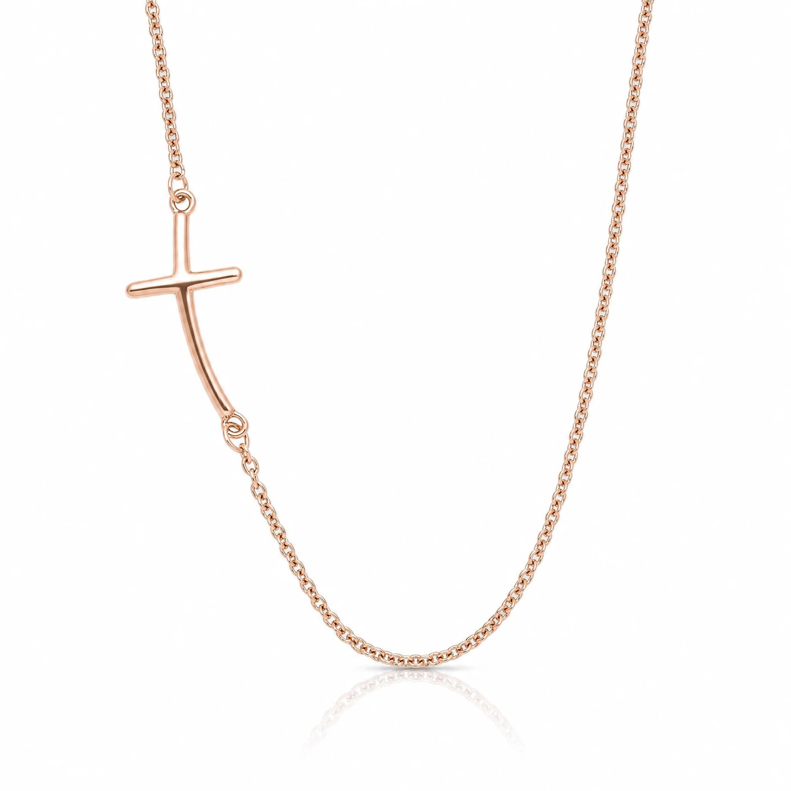 Sterling Silver Rose Gold-Plated Large Off-Set Sideways Curved Cross Necklace