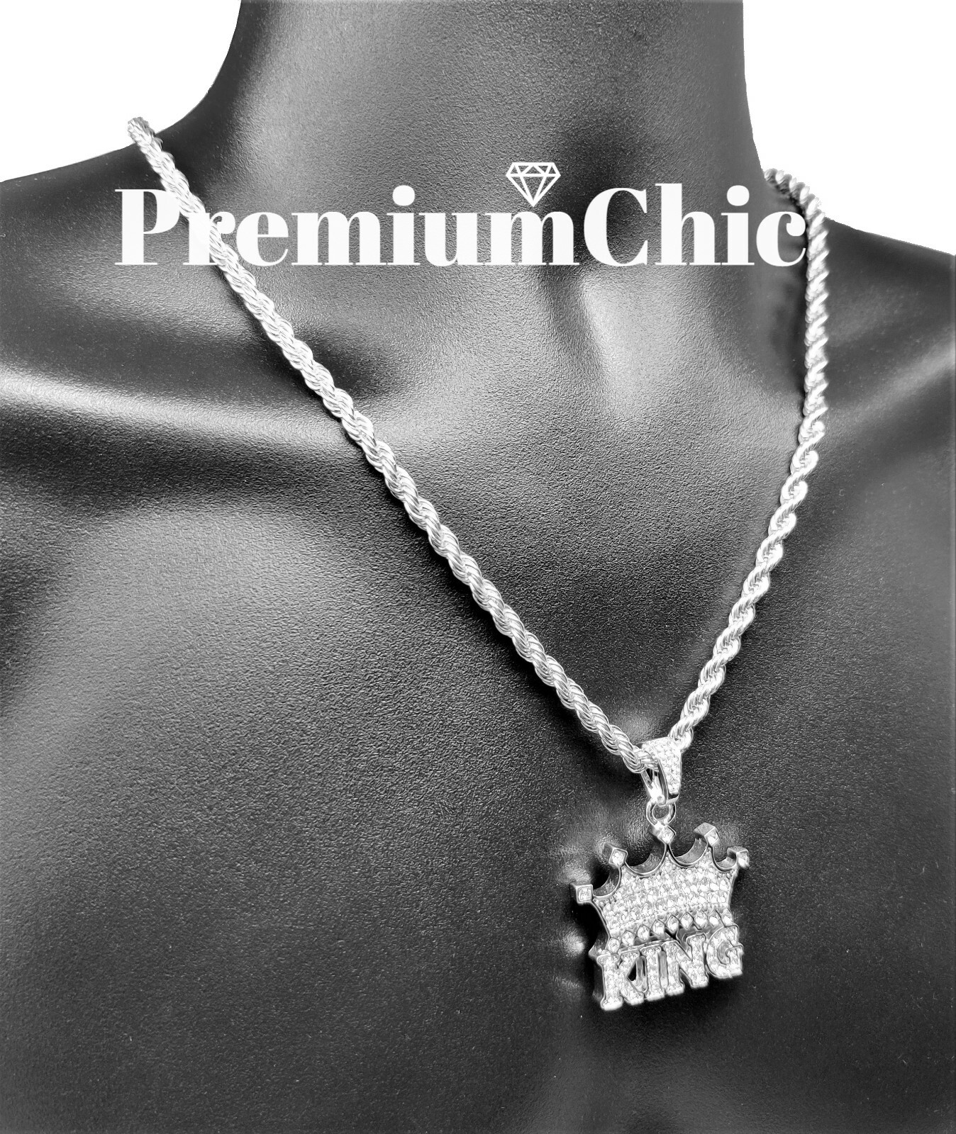 ICED Crowned King Pendant Necklace Choker with Rope Chain Mens Plated CZ Jewelry