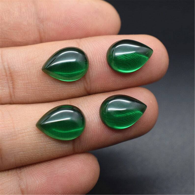 AAA Green Emerald Pear Flat Back Cabochon Synthetic Loose Gemstone Calibrated