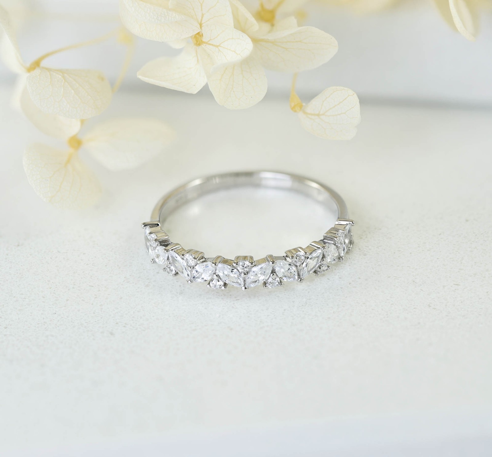 Marquise CZ Sterling Silver Half Eternity Wedding Band Celebration Ring S14166