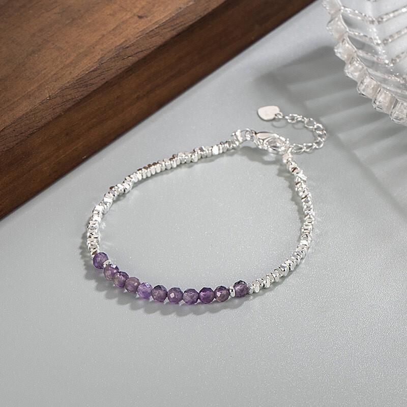 Amethyst Purple Crystal Sterling Silver Beaded Healing Protection Women Bracelet
