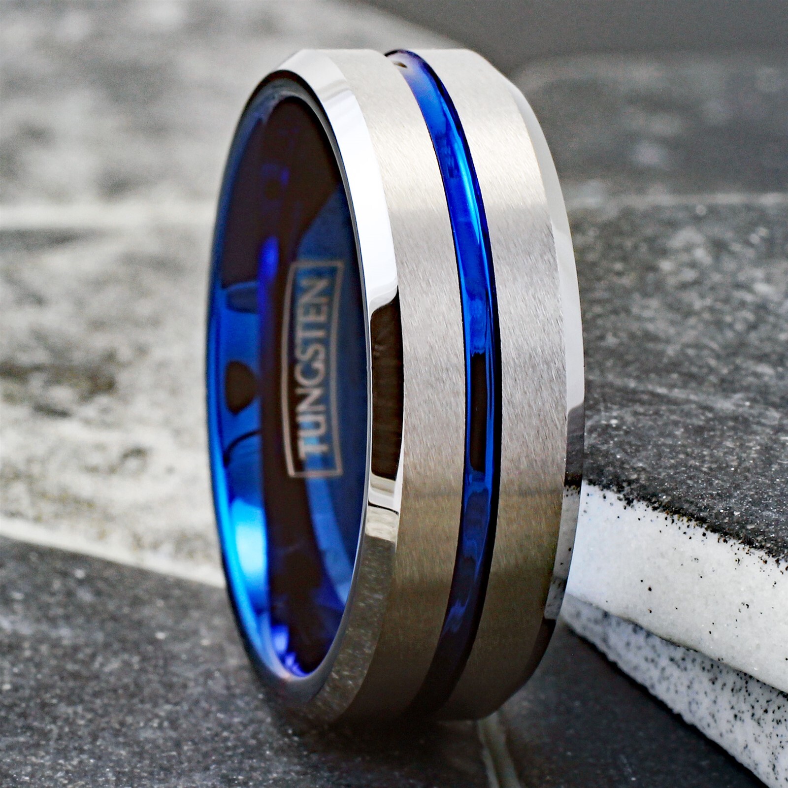 Tungsten Carbide Men’s Ring Brushed Silver Thin Blue Line Wedding Band Jewelry