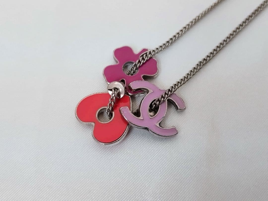 CHANEL Necklace CoCo Mark Heart Clover Charms Silver Length: 15.7 in.
