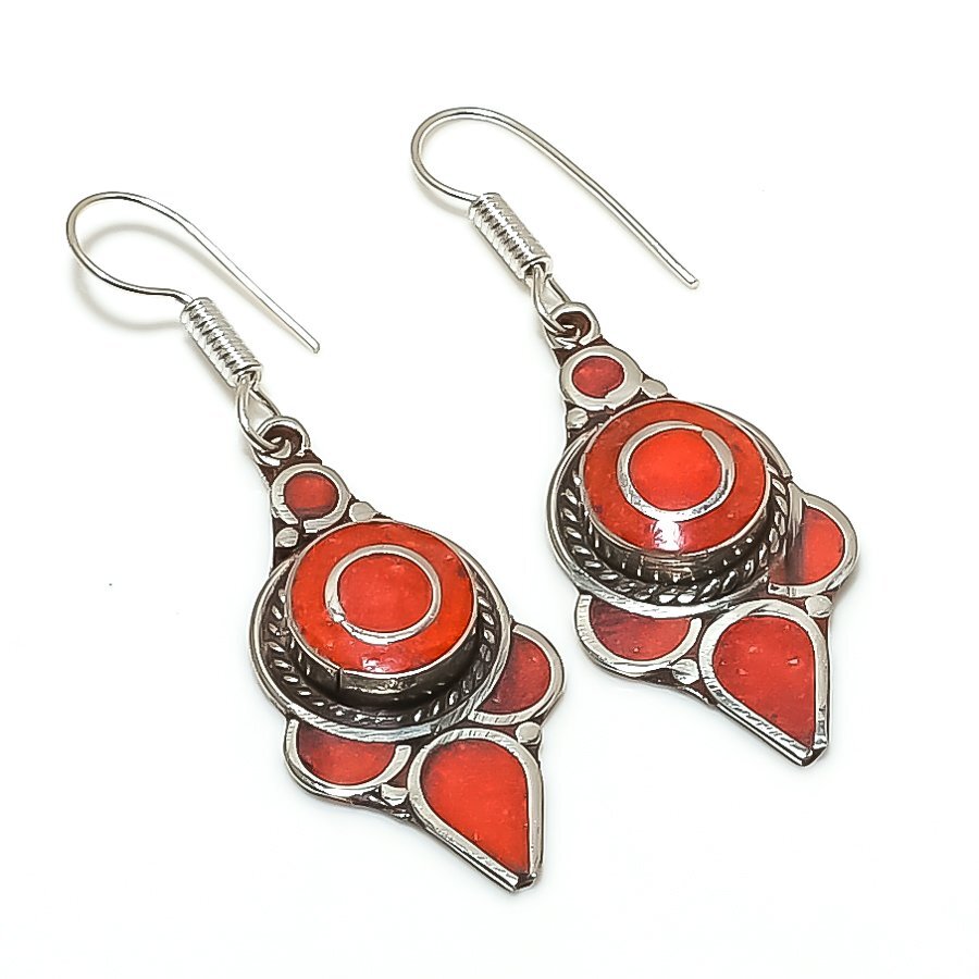Red Coral Gemstone Earrings Tibetan Silver Handmade Nepali Jewelry 2.6″ NE 5224