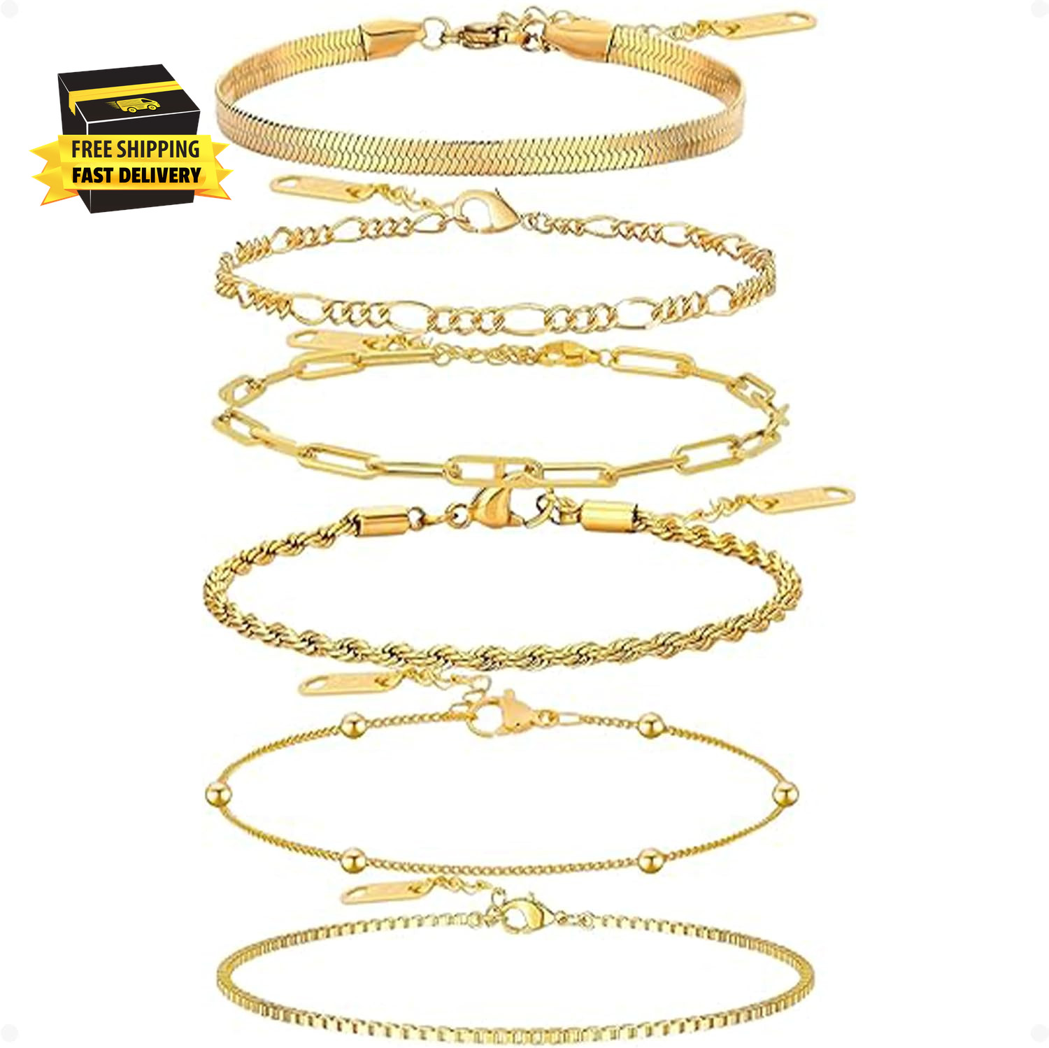 Stackable Ankle Bracelets for Women, 6Pcs 14K Gold Plated Non Tarnish Adjustable