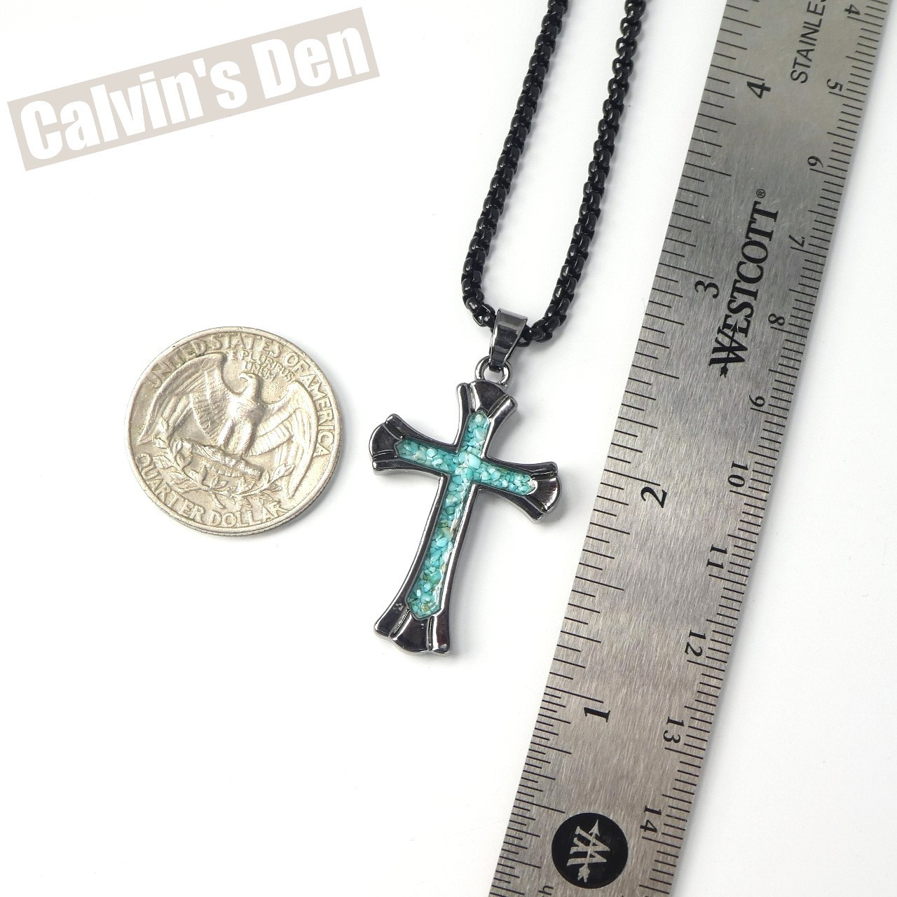 Turquoise Chip Inlay Flared Cross Pendant Necklace Classic
