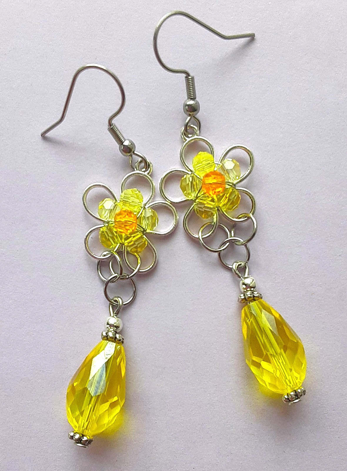 YELLOW CRYSTAL DAISY teardrop DANGLE earring FISH HOOK handmade XAG