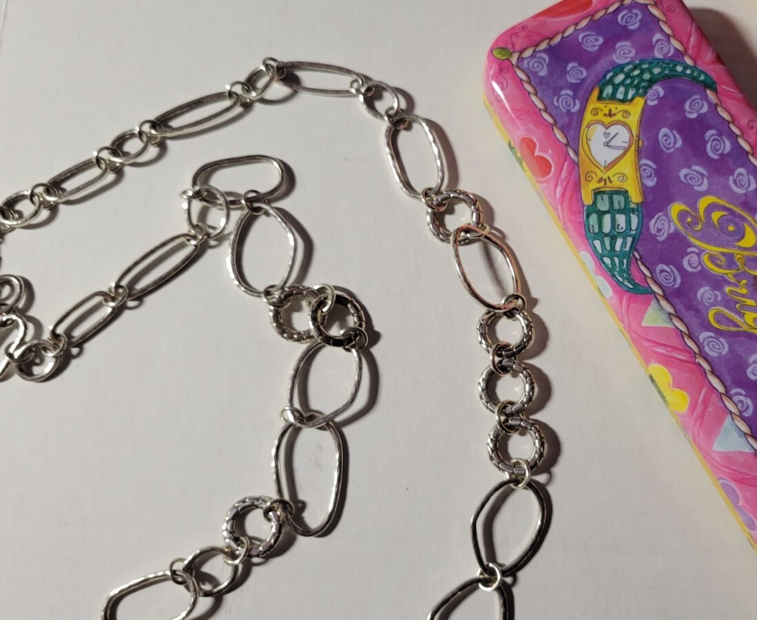 Brighton PEBBLE LINK Silver Open Oval Round Link Long Necklace, NWOT, w/Tin
