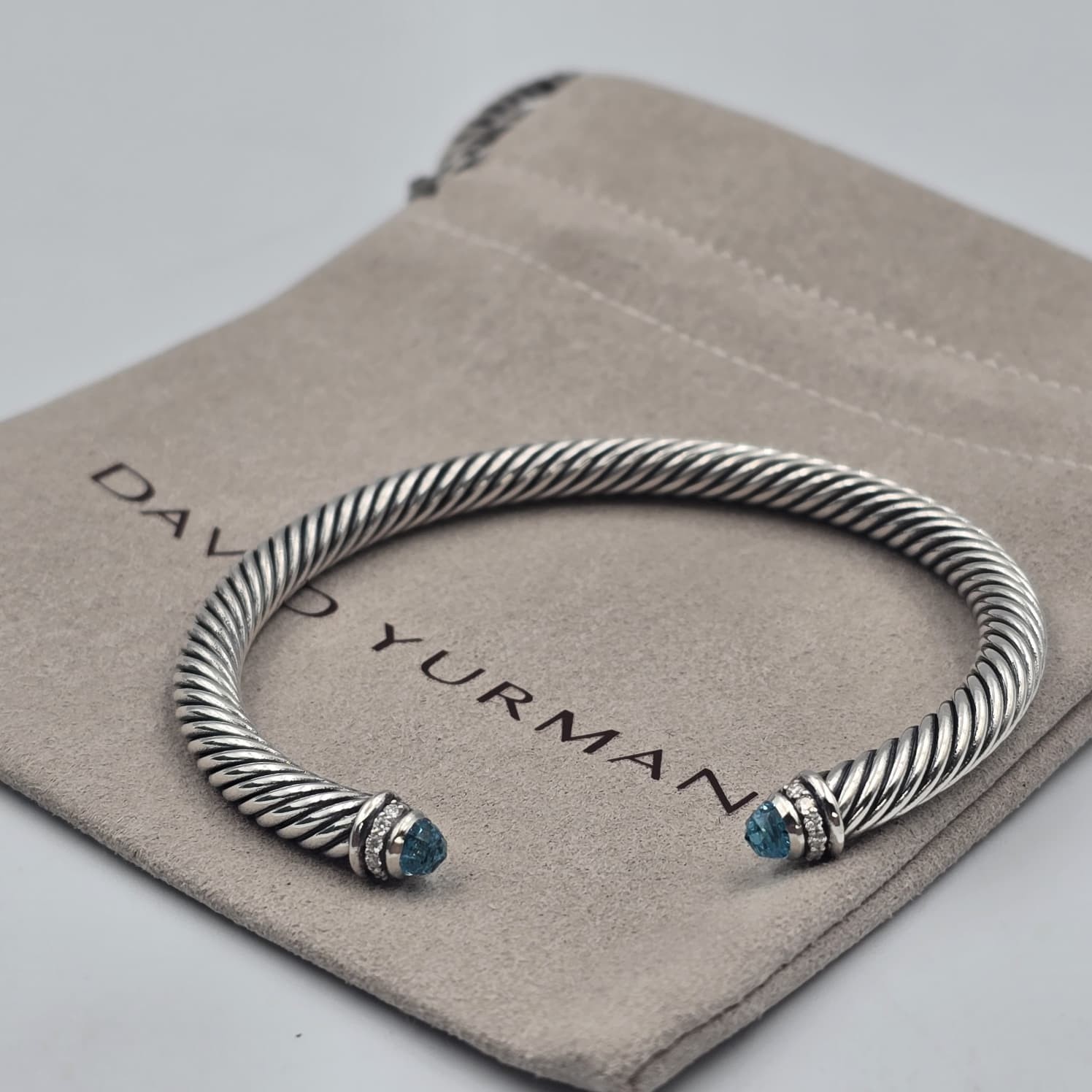 David Sterling Silver 5mm Cable Blue Topaz & Diamond Bracelet