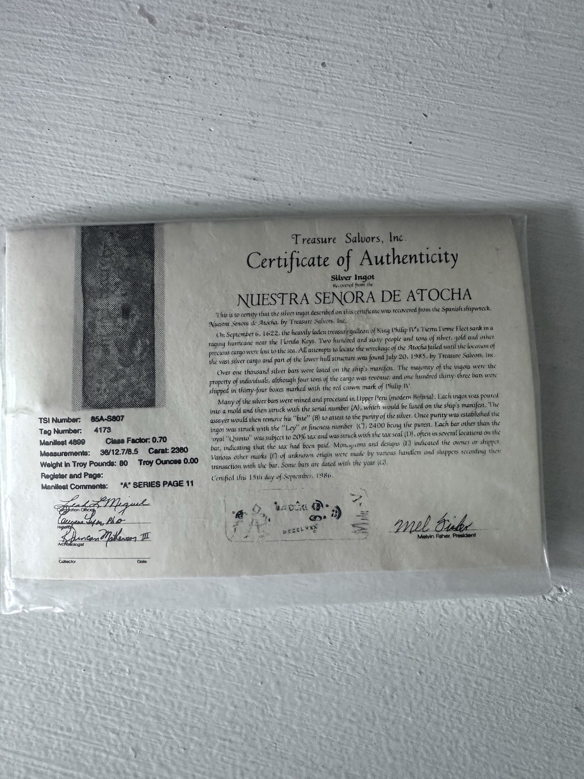NUESTRA SENORA DE ATOCHA Silver Anchor With Original Certificate Of Authenticity