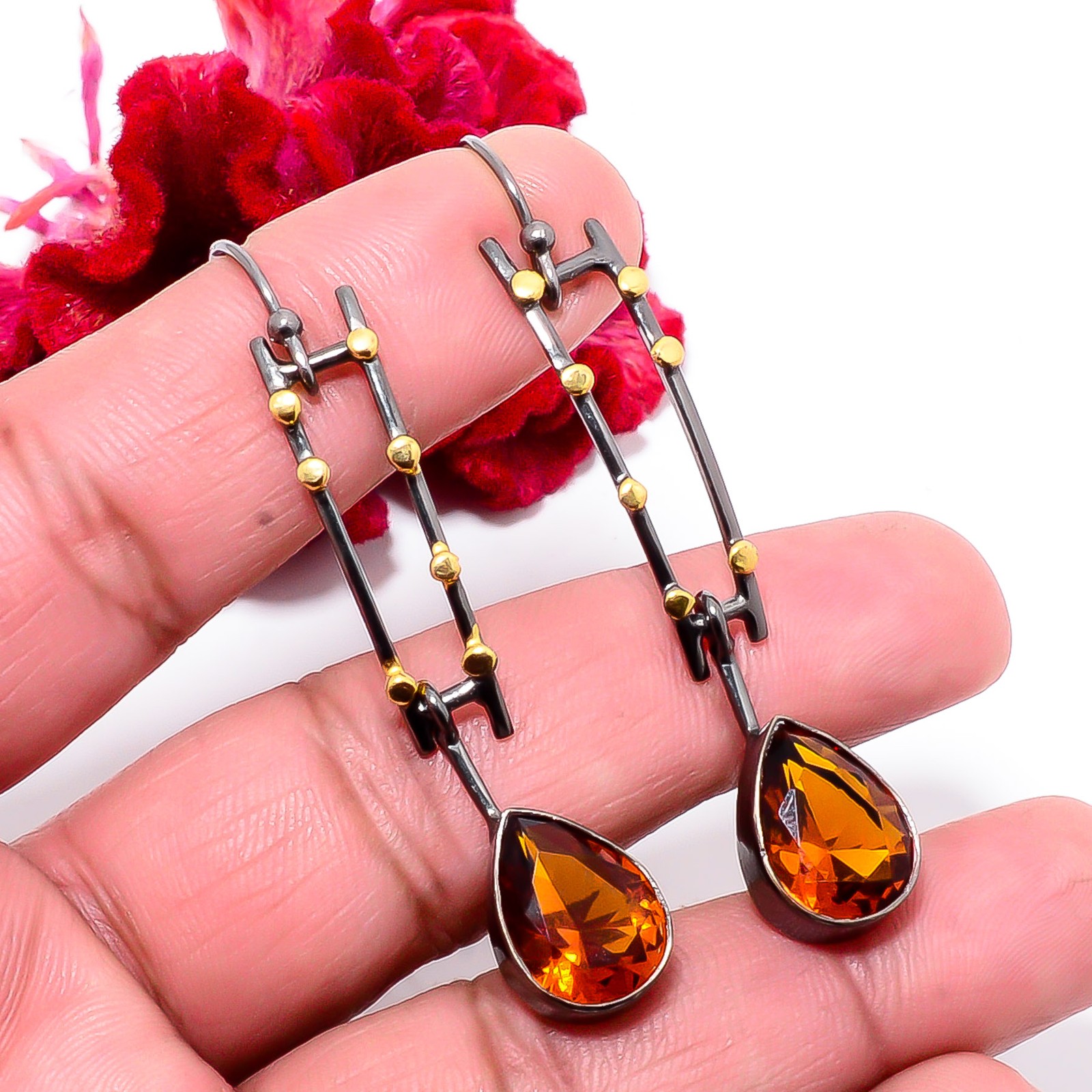 Golden Quartz 925 Sterling Silver Black And Gold Rhodium Plated Earring 2.34 S34