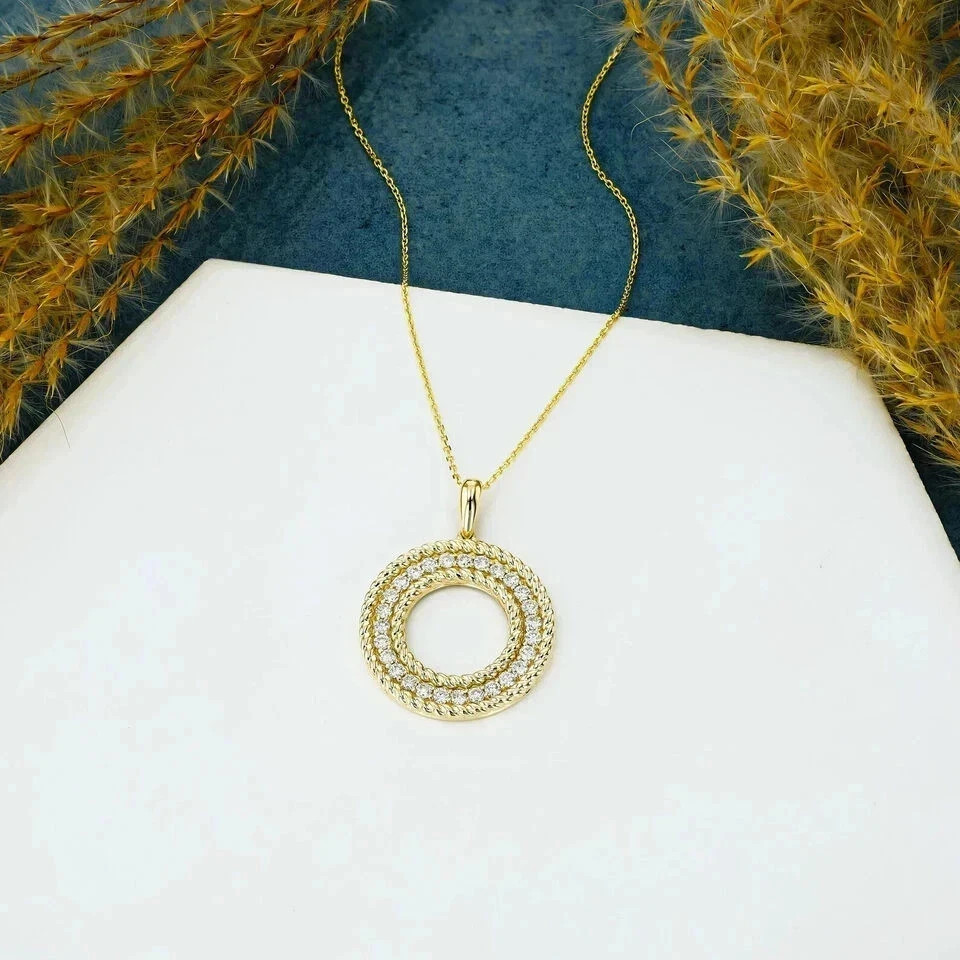 2Ct Round Lab Created Moissanite Circle Pendant Necklace 14K Yellow Gold Plated