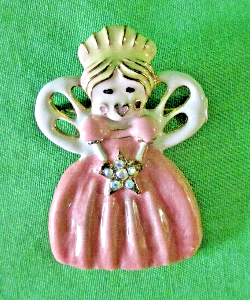 AAI Enamel Brooch Pin Angel Princess in Pink Dress Rhinestone Star Child/Adult