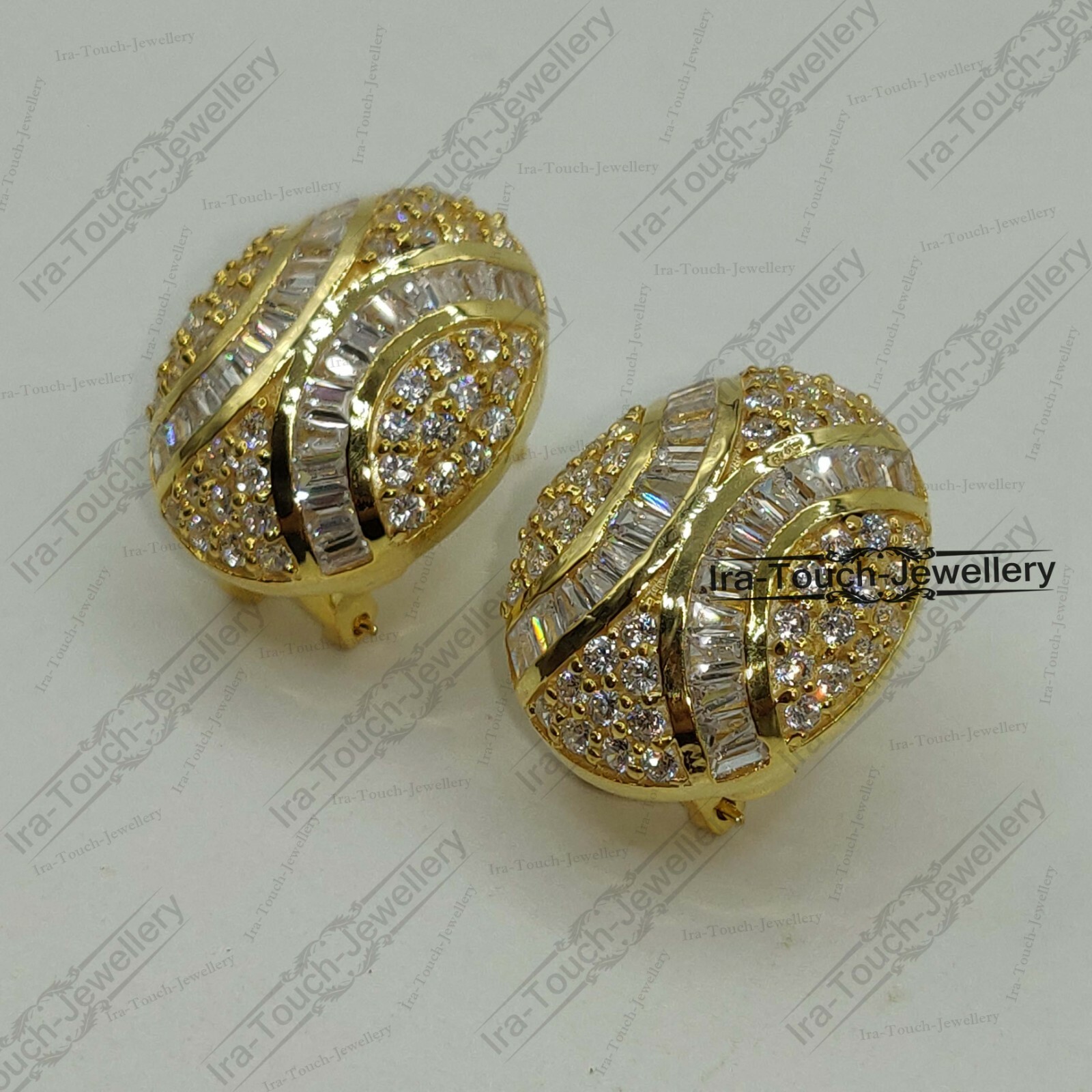 2Ct Round & Baguette Lab Created Diamond 14k Gold Finish Omegaback Stud Earrings