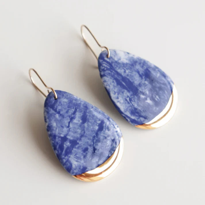 European Style Teardrop Dangle Earrings Blue Green Gold Tone Luxury Chic