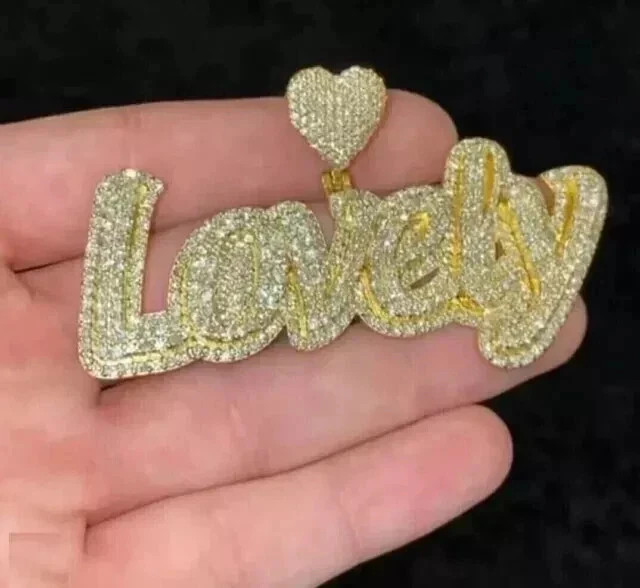 3.00 Ct Round Cut Moissanite Heart & Custom Name Pendant 14K Yellow Gold Plated