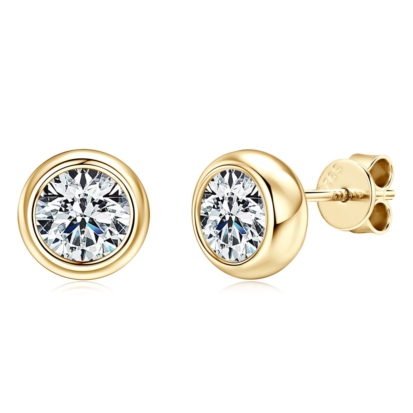 Moissanite Stud Earrings 925 Silver Bezel Set 14K Gold Plated