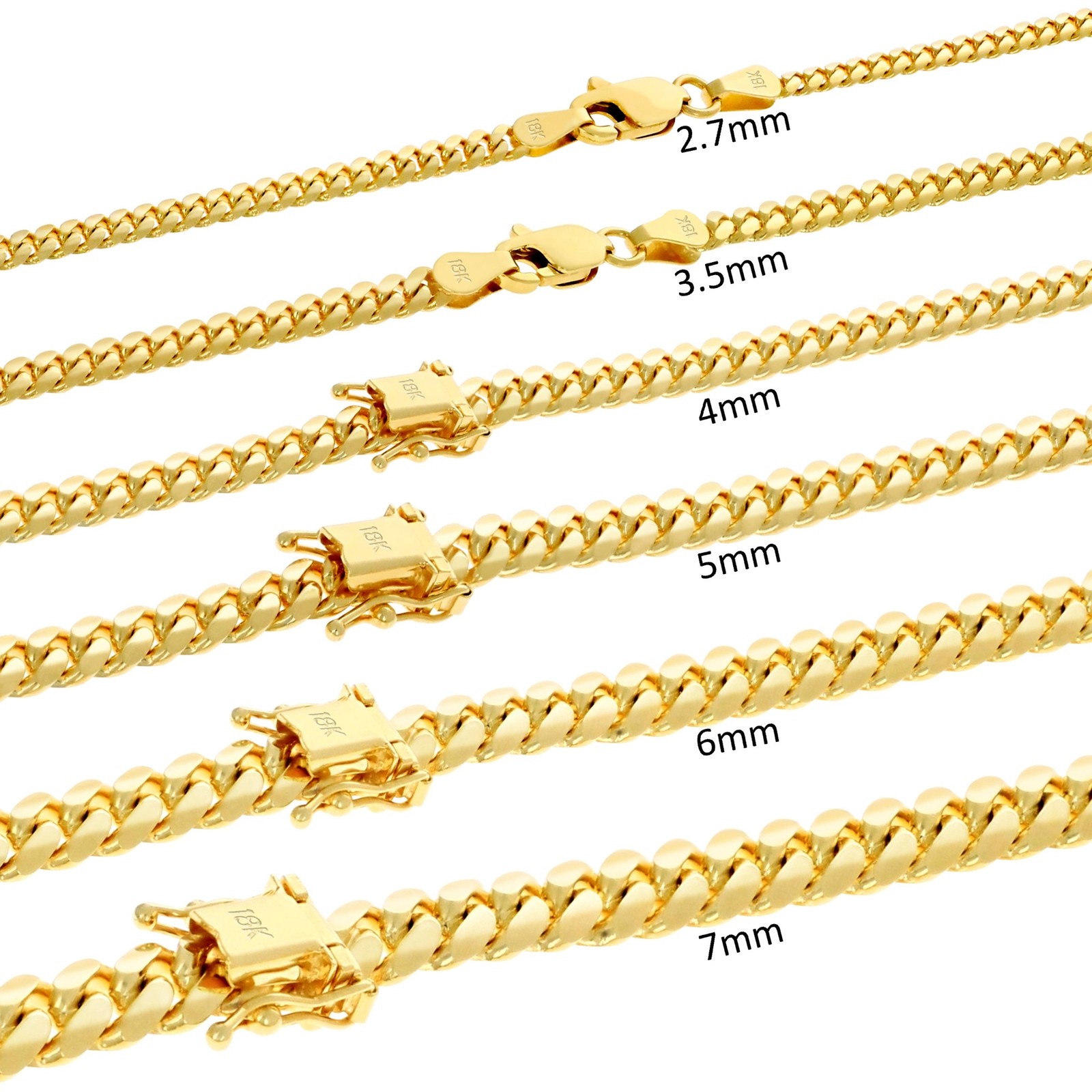 18K Yellow Gold Solid 2.7mm-7mm Miami Cuban Chain Necklace Mens Womens 16″-30″