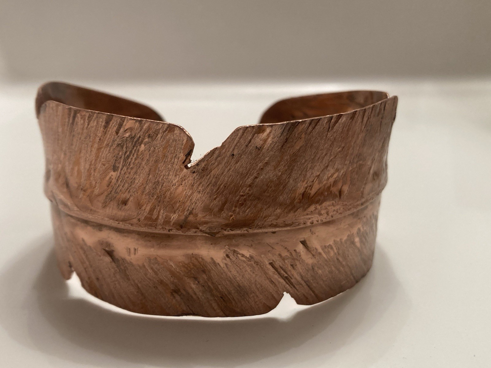 Wide Handcrafted Copper Cuff Bracelet Feather Design Unisex Adults 7 inch