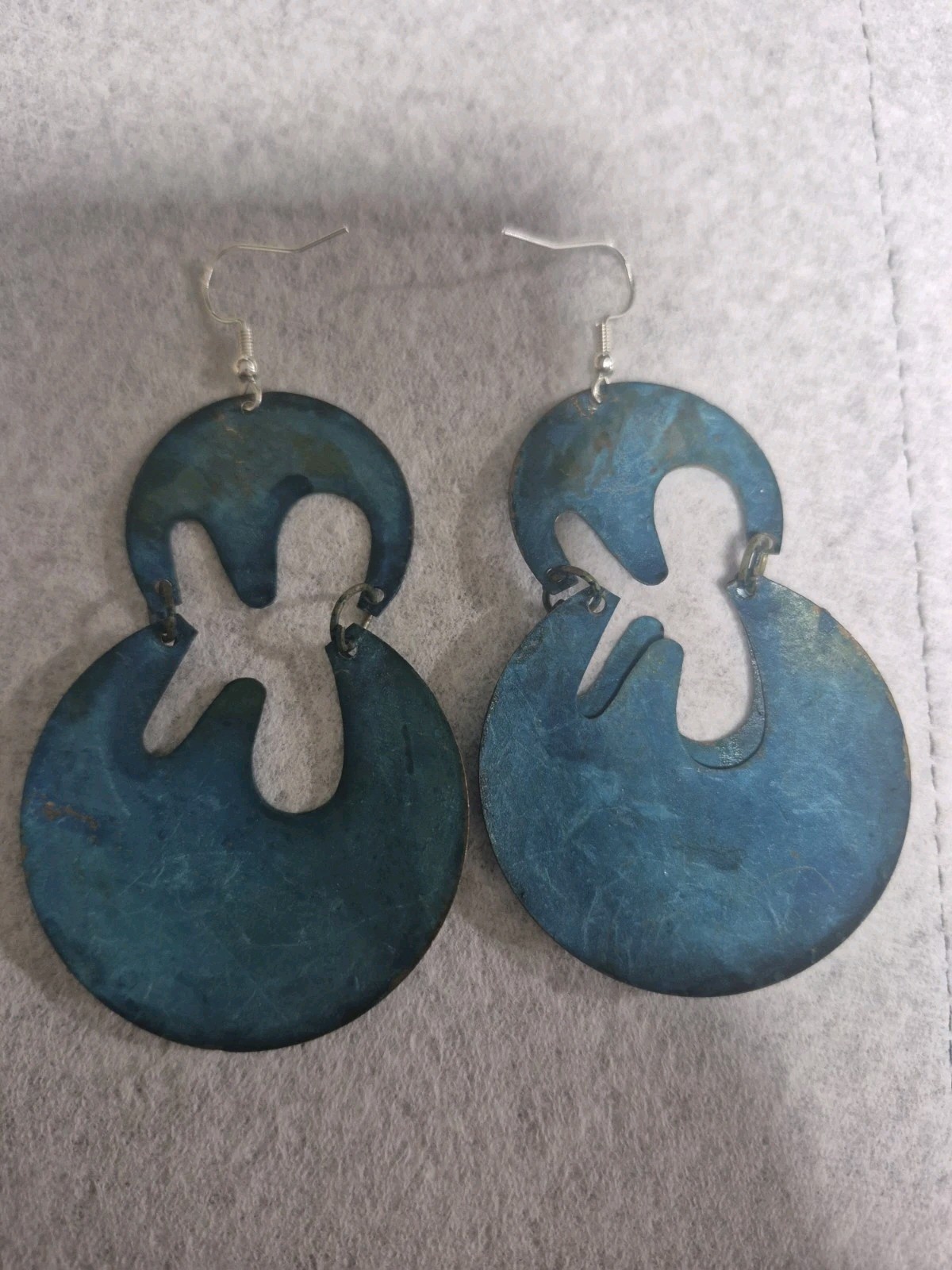 Vintage Verdigris Patina Copper Earrings Brutalist Cutout Dangle Drop Boho