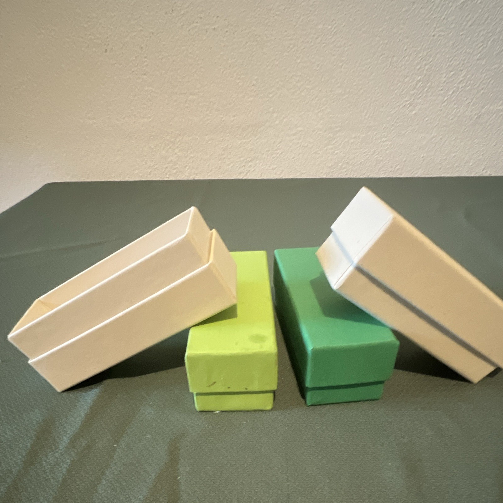 Lot of 4 Rectangular Paper/Cardboard Gift Boxes w/ Lids, Green & White