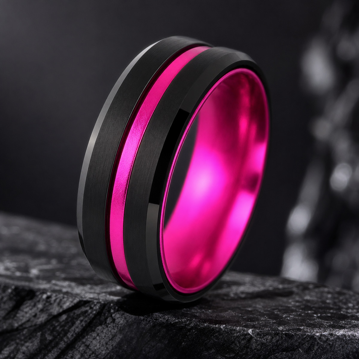 8mm Black Tungsten Mens Pink Stripe Wedding Band Ring Size 10 Breast Cancer