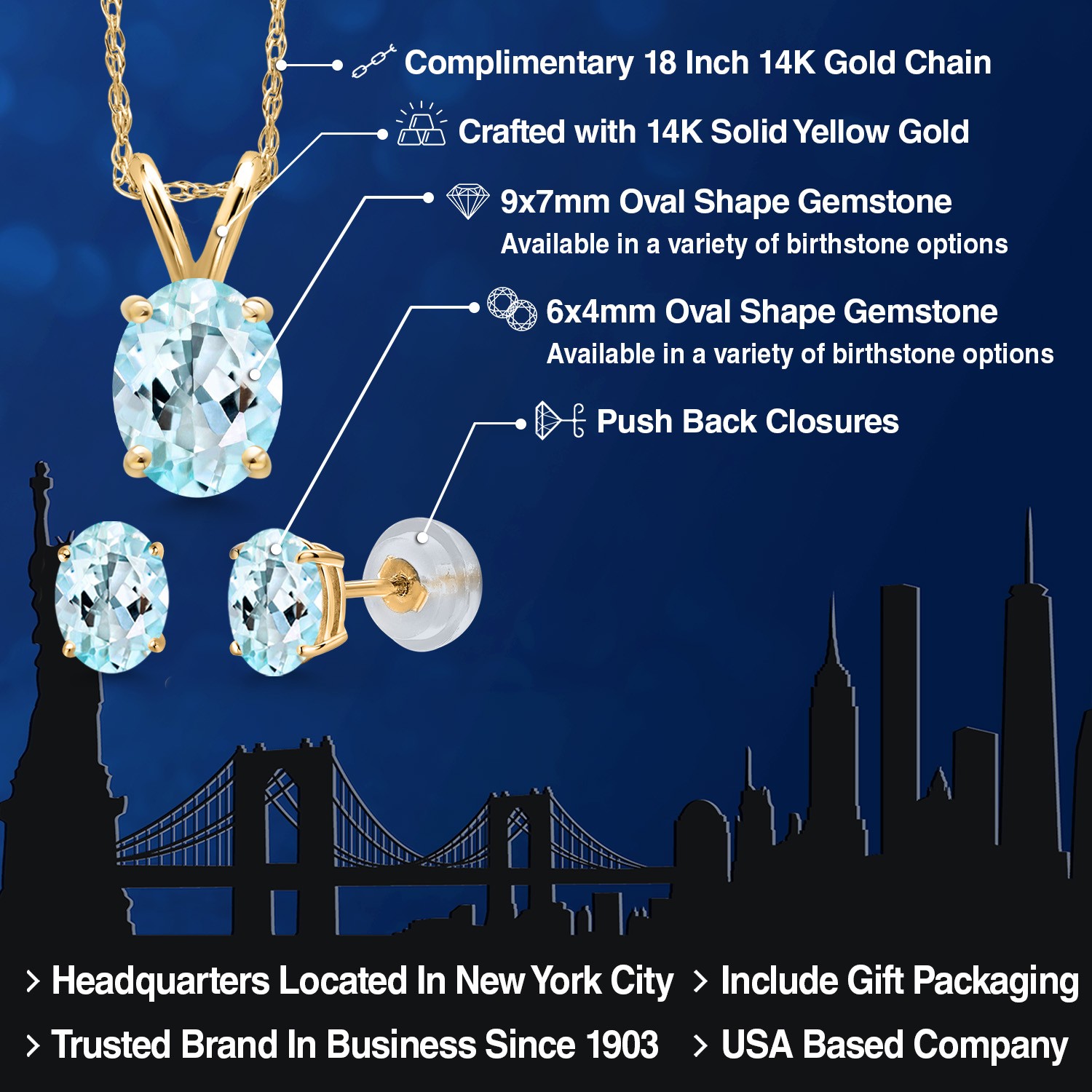 14K Yellow Gold Sky Blue Topaz Pendant Earrings Jewelry Set For Women | 3.00