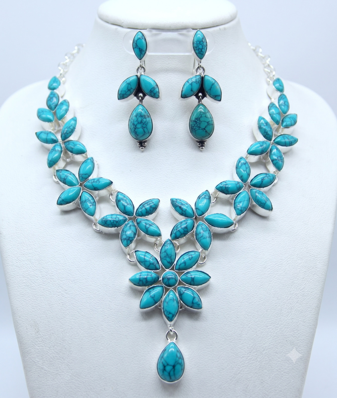 Turquoise Gemstone Handmade 925 Sterling Silver Necklace and Earring Set S-ADJ