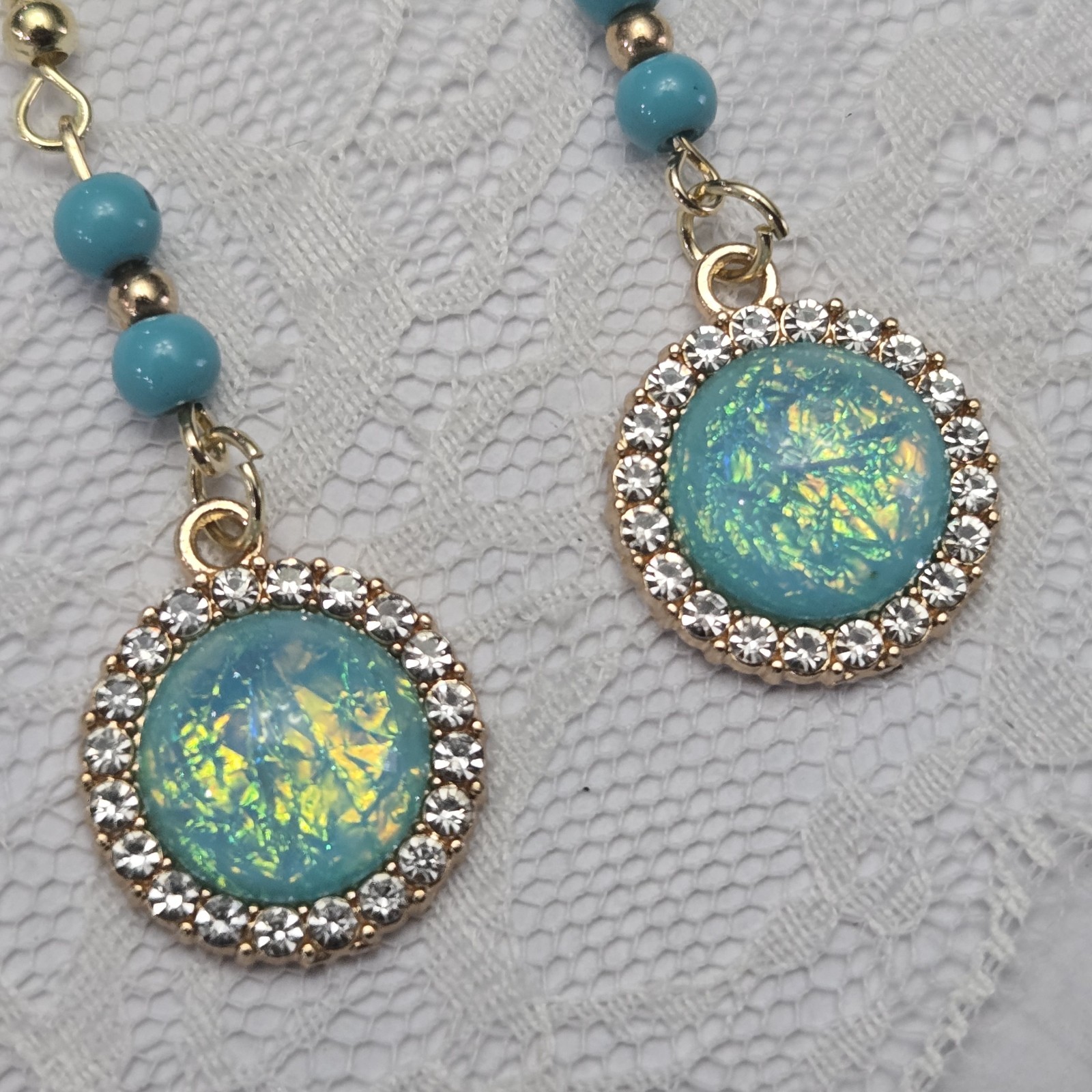 Earrings Gold Blue Beaded Dangle Drop Iridescent Center Glass Hook Fashion