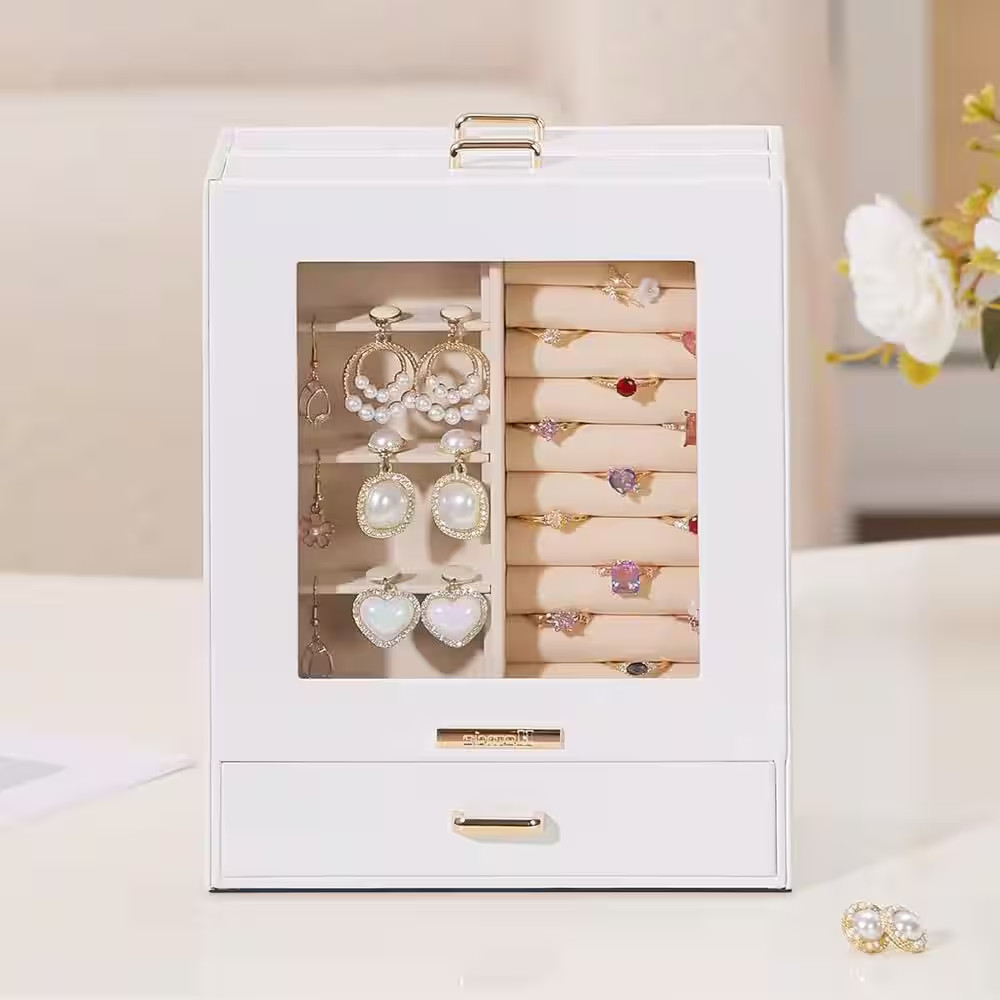 White 7 In. X 9 In. Polyurethane Modern Jewelry Box with 3-Drawers