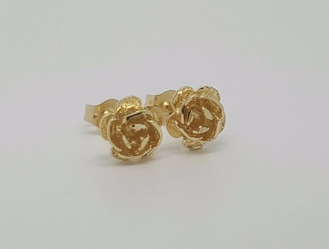 14k Solid Yellow Gold Rose Flower Stud Earrings Push Back 7 MM