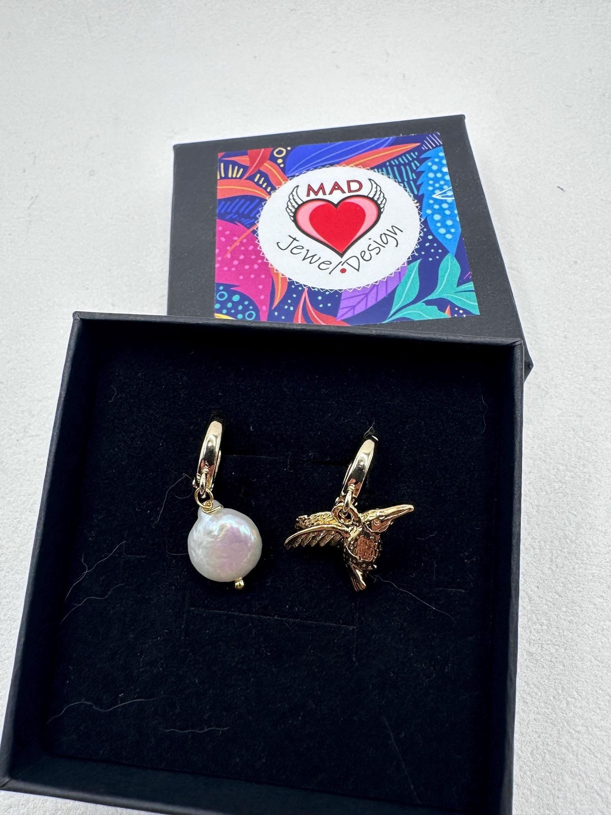 Asymmetrical Hummingbird and White Coin Pearl Drop Earrings, Gold Plated