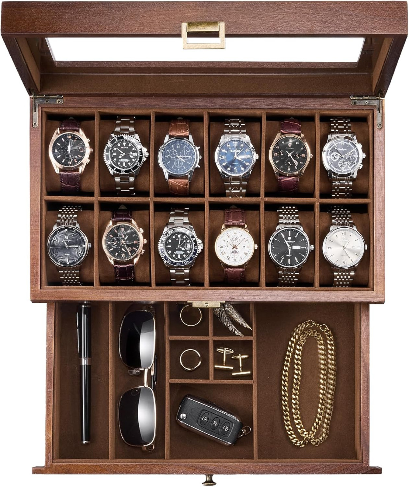 Wooden Watch Case with Drawer, 12 Slot Jewelry Organizer, Brown, Men Women
