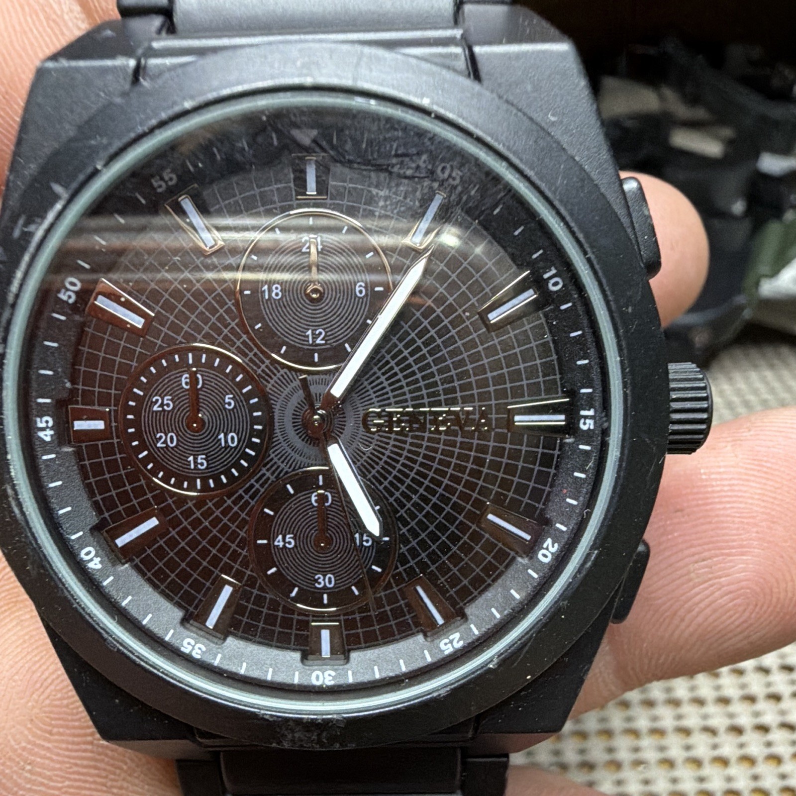 Geneva Quartz Chronograph Analog Watch Black Dial Stick Indexes Metal Bracelet