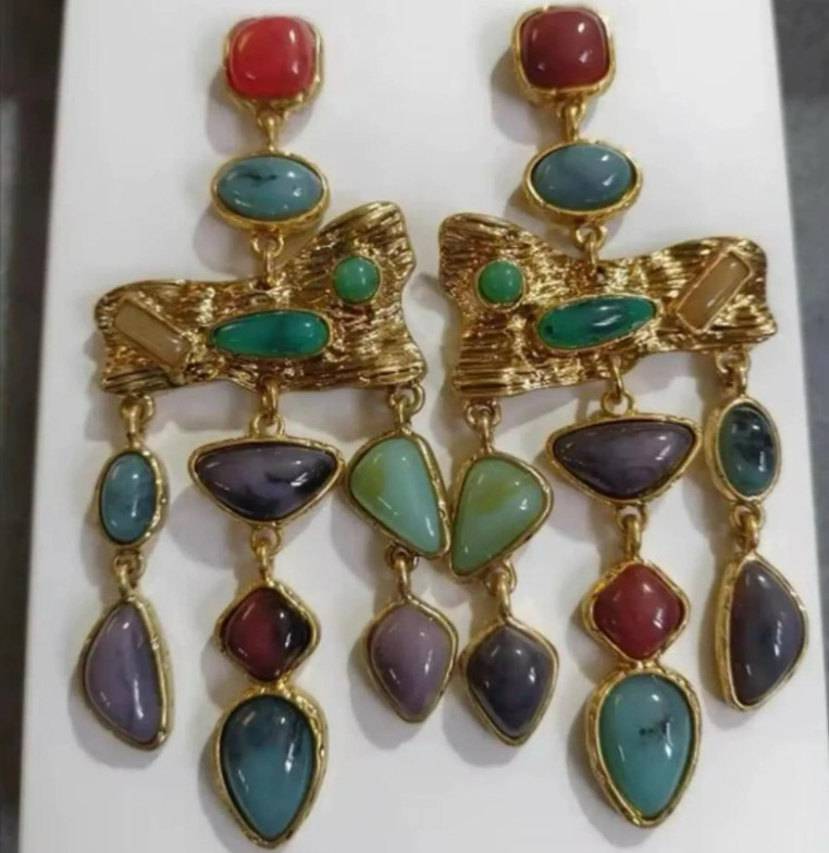 Vintage Boho Multicolor Gold Statement Stone Earrings Birthday gift Vacation