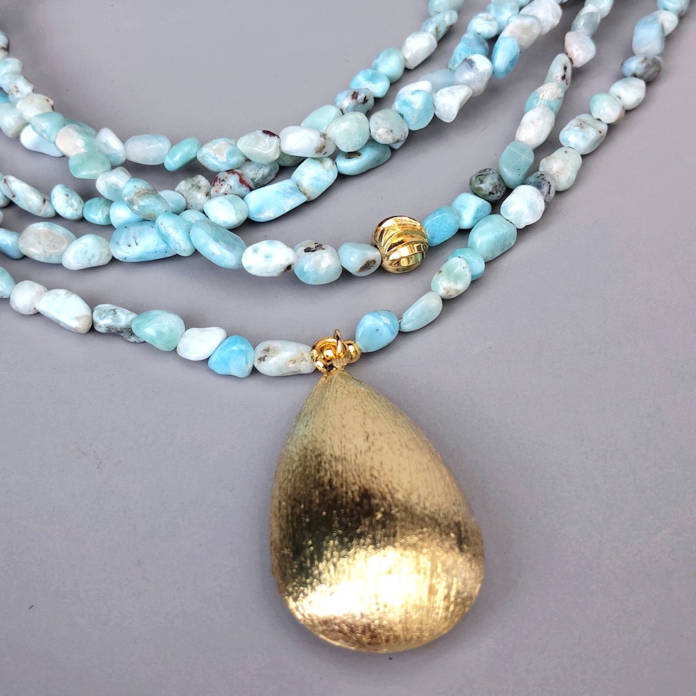 5 Strands Natural Blue Larimar Beads Teardrop Pendant Layered Necklace