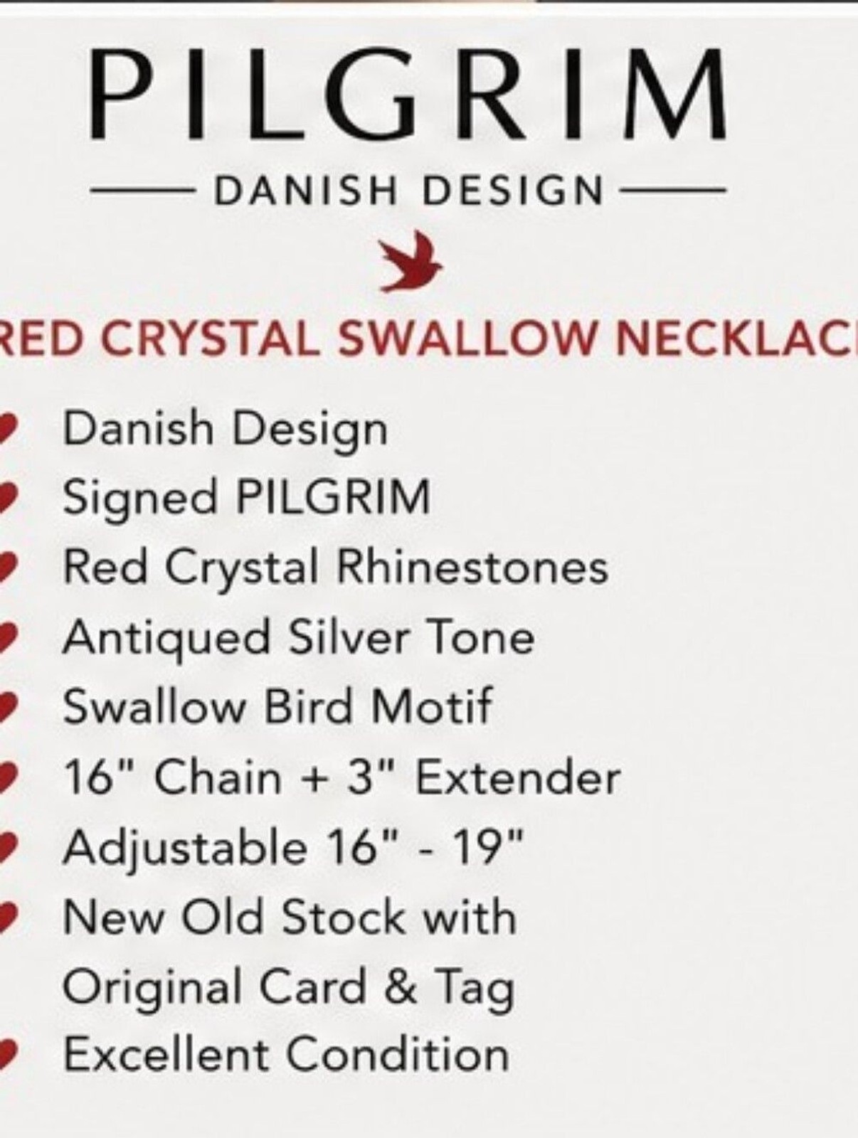 Pilgrim Danish Design Red Crystal Swallow Bird Necklace Signed NOS Retired Style